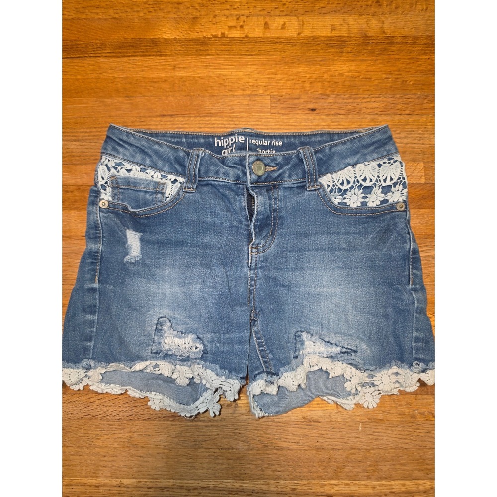 Hippie Girl Girls 10 Blue Denim Distressed Lace Regular Rise Shortie Boho Shorts